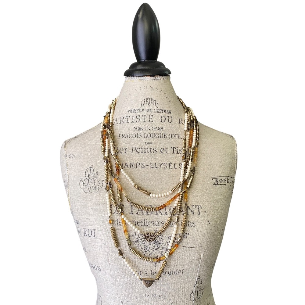 Lucky Brand Boho Layered Necklace Gold Tone Seed Beads Pendant Statement Jewelry